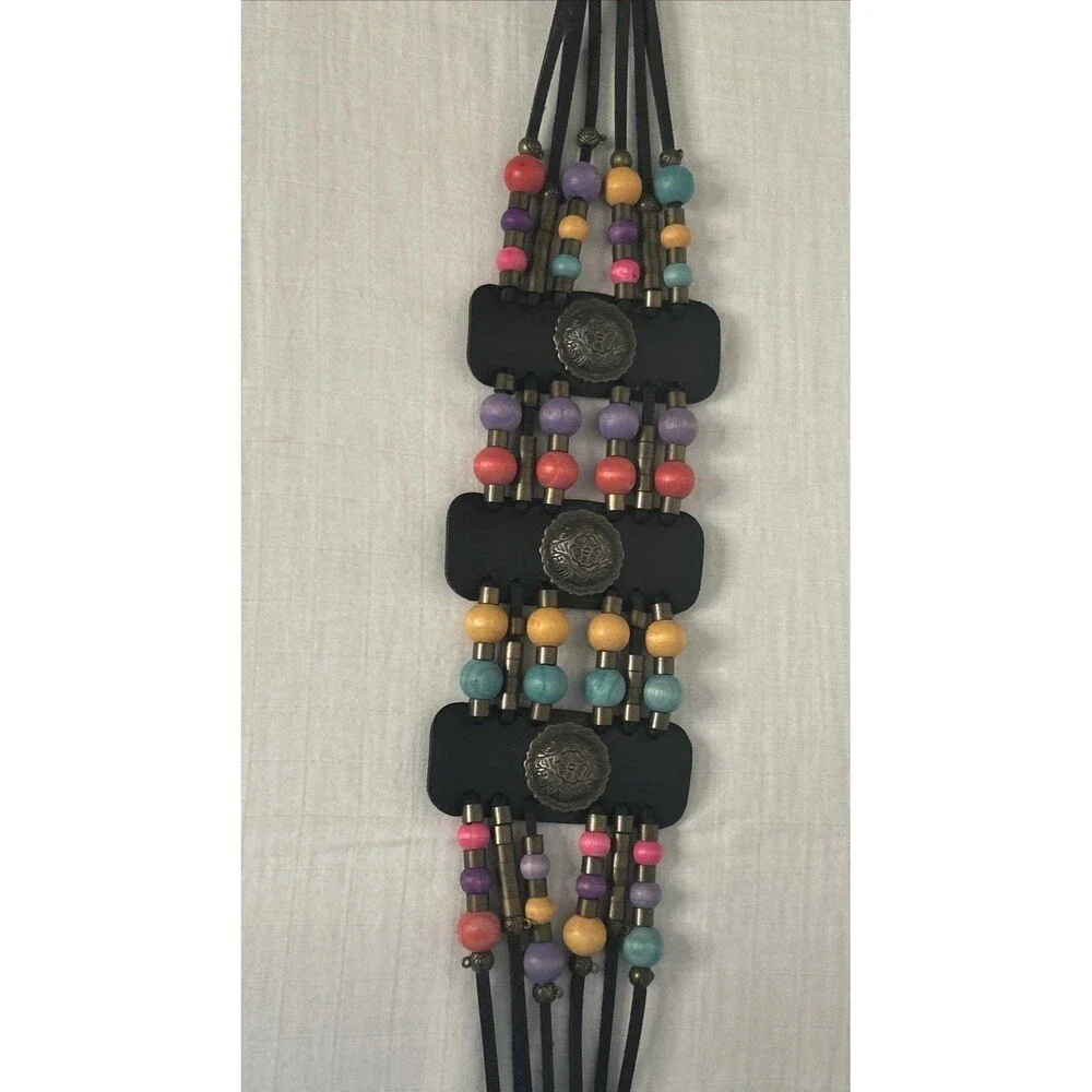 Vintage Wooden beaded belt Adjustable orange aqua blue black Hippie 36” Long